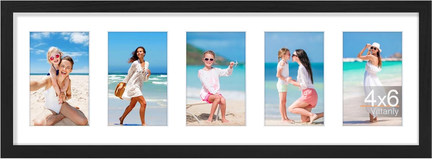 Vittanly 8x24 Collage Picture Frame, Displays 5Pcs 4x6 Pictures with Mat, Picture Frames Collage Wall Decor for Horizontal or Vertical Display, Black, 1 Pack